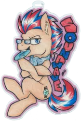 Size: 871x1297 | Tagged: safe, artist:marblefang, derpibooru import, oc, oc:soundwave, unofficial characters only, earth pony, pony, badge, cd, clothes, con badge, glasses, scarf, solo, traditional art