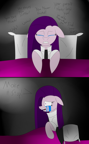 Size: 2300x3700 | Tagged: semi-grimdark, artist:visionwing, derpibooru import, oc, oc:visionwing, earth pony, pony, bed, crying, dark, depressed, panic attack, sleeping