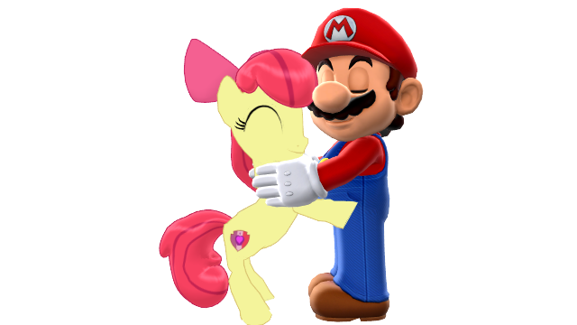 Size: 640x360 | Tagged: safe, artist:hyper-mario-64, derpibooru import, apple bloom, earth pony, pony, 3d, bow, crossover, cutie mark, eyes closed, female, filly, hair bow, male, mario, mmd, simple background, super mario bros., the cmc's cutie marks, transparent background