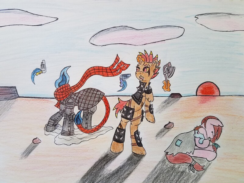 Size: 2016x1512 | Tagged: semi-grimdark, artist:dice-warwick, derpibooru import, oc, oc:cold iron, earth pony, headless horse, pony, unicorn, fallout equestria, fallout equestria: dance of the orthrus, broken horn, clothes, cracked hooves, cracked horn, crying, dance of the orthrus, fanfic art, foal, gun, handgun, headless, horn, imminent death, raider, revolver, revolvers, scar, scarf, spiked armor, story included, sunset, weapon