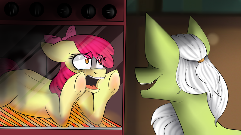 Size: 1920x1080 | Tagged: grimdark, artist:tayzipumpqueen, derpibooru import, apple bloom, granny smith, earth pony, pony, apple's family story, blank flank, cooked alive, cooking, crying, duo, eye clipping through hair, imminent death, implied cannibalism, looking at each other, murder, open mouth, oven, pony as food, prone, trapped