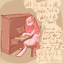 Size: 1024x1024 | Tagged: artist:kvernikovskiy, derpibooru import, female, mare, musical instrument, piano, pinkamena diane pie, pinkie pie, safe, simple background, sitting, solo, text