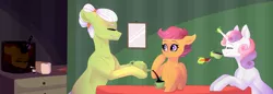 Size: 6000x2054 | Tagged: grimdark, artist:tayzipumpqueen, derpibooru import, apple bloom, granny smith, scootaloo, sweetie belle, earth pony, pony, unicorn, accidental cannibalism, apple's family story, bread, cannibalism, cutie mark crusaders, dead, decapitated, drinking, eyes closed, female, filly, floppy ears, food, glowing horn, head in a jar, hoof hold, horn, implied murder, jam, knife, magic, mare, pony as food, severed head, smiling, speedpaint available, story included, tea, telekinesis