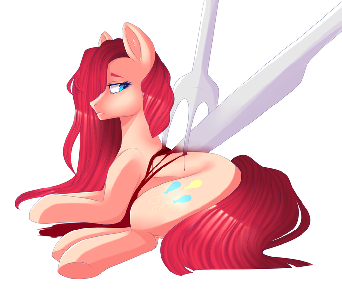 Size: 3062x2621 | Tagged: semi-grimdark, artist:tayzipumpqueen, derpibooru import, pinkie pie, earth pony, pony, bleeding, blood, female, fork, grimace, hair over one eye, knife, lidded eyes, mare, micro, pinkamena diane pie, prone, simple background, solo, speedpaint available, surreal, white background