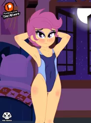 Size: 1920x2600 | Tagged: suggestive, artist:theminus, derpibooru import, scootaloo, equestria girls, arm behind head, armpits, blushing, breasts, clothes, delicious flat chest, female, jailbait, looking at you, one-piece swimsuit, patreon, patreon logo, solo, swimsuit