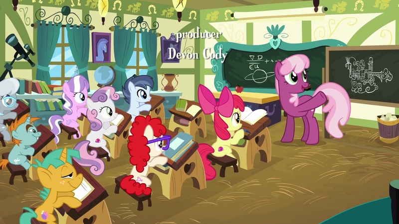 Size: 1920x1080 | Tagged: safe, derpibooru import, screencap, apple bloom, cheerilee, diamond tiara, shady daze, snails, snips, sweetie belle, twist, earth pony, pegasus, pony, unicorn, the last crusade, book, bookshelf, chalkboard, classroom, colt, cutie mark, desk, devon cody, female, filly, male, ponyville schoolhouse, sitting, the cmc's cutie marks, trash can, window