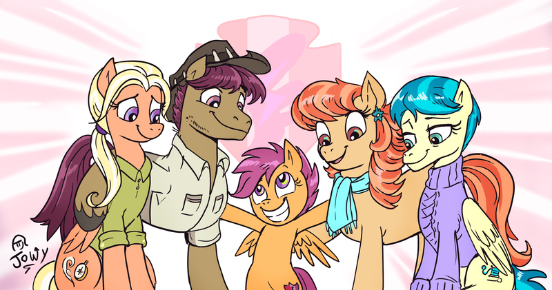 Size: 2885x1517 | Tagged: safe, artist:jowybean, derpibooru import, aunt holiday, auntie lofty, mane allgood, scootaloo, snap shutter, earth pony, pegasus, pony, the last crusade, armpits, clothes, cute, cutealoo, family, female, filly, grin, hat, lesbian, lofty day, male, maneshutter, scootalove, shipping, sitting, smiling, stallion, straight, wholesome