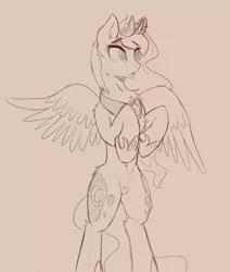 Size: 1319x1554 | Tagged: safe, artist:arjinmoon, derpibooru import, edit, princess luna, alicorn, pony, belly button, bipedal, chest fluff, crown, cute, eye clipping through hair, female, hoof shoes, jewelry, lineart, lunabetes, mare, monochrome, nudity, open mouth, peytral, pubic fluff, regalia, simple background, sketch, solo, spread wings, standing, wings