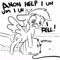 Size: 1080x1080 | Tagged: suggestive, artist:tjpones, derpibooru import, rainbow dash, pegasus, pony, black and white, blatant lies, carpet, dialogue, female, grayscale, implied anon, implied futa, mare, monochrome, open mouth, simple background, solo, spread wings, vacuum cleaner, vrrr, white background, wings