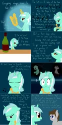 Size: 2562x5126 | Tagged: safe, artist:phoenixswift, derpibooru import, lyra heartstrings, oc, oc:fuselight, pegasus, pony, ask fuselight, bottle, lyre, magic, male, musical instrument, stallion