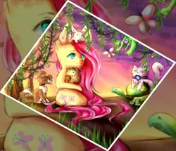 Size: 1201x1035 | Tagged: safe, artist:anagira, derpibooru import, edit, angel bunny, fluttershy, gummy, opalescence, owlowiscious, tank, winona, alligator, bird, butterfly, cat, dog, owl, pony, rabbit, semi-anthro, tortoise, animal, better source needed, big ears, cropped, ear fluff, female, male, mare, sitting, smiling, speedpaint available, zoom layer