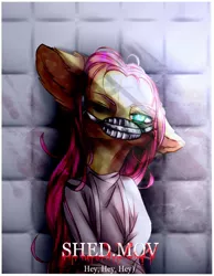 Size: 840x1080 | Tagged: semi-grimdark, artist:anagira, derpibooru import, fluttershy, pony, semi-anthro, .mov, shed.mov, asylum, bipedal, blood, bondage, female, floppy ears, fluttershed, glowing eyes, lidded eyes, looking at you, mare, messy hair, muzzle, one eye closed, solo, straitjacket