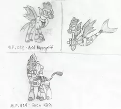 Size: 2178x1972 | Tagged: acid, acid man, arm cannon, artist:thekman100, derpibooru import, fire, hippogriff, kirin, megaman, mega man 11, megapony, pencil drawing, robot, robot master, safe, seapony (g4), torch, torch man, traditional art