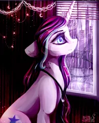 Size: 866x1080 | Tagged: safe, artist:anagira, derpibooru import, edit, oc, oc:magical brownie, unofficial characters only, pony, unicorn, better source needed, city, cityscape, cropped, crying, female, floppy ears, gift art, jewelry, mare, necklace, rain, sidemouth, sitting, solo, speedpaint available, window