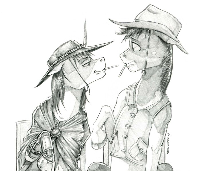 Size: 1400x1139 | Tagged: safe, artist:baron engel, derpibooru import, oc, oc:half-cock, unofficial characters only, earth pony, pony, unicorn, candy, clothes, cowboy hat, female, food, hat, lollipop, looking at each other, male, mare, monochrome, pencil drawing, serape, simple background, stallion, story included, traditional art, vest, white background