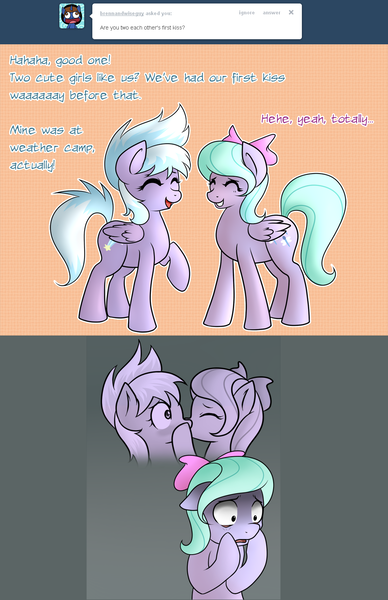 Size: 1000x1545 | Tagged: safe, artist:marikaefer, derpibooru import, cloudchaser, flitter, pony, ask flitter and cloudchaser, female, incest, kissing, lesbian, pegacest, shipping, siblings, sisters, twincest, twins
