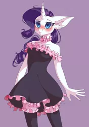Size: 3000x4251 | Tagged: safe, artist:jun1313, derpibooru import, rarity, anthro, unicorn, adorasexy, bare shoulders, beautiful, blushing, breasts, choker, clothes, curved horn, cute, delicious flat chest, dress, female, flatchestity, frilly, frilly dress, frilly socks, horn, mare, purple background, raribetes, sexy, shoulderless, simple background, socks, solo, stockings, thigh highs, zettai ryouiki