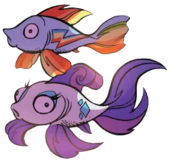 Size: 669x633 | Tagged: artist:andypriceart, cropped, cute, derpibooru import, female, fish, fishified, goldfish, idw, majestic, maybe salmon, not salmon, rainbow dash, rainbow trout, rarifish, rarity, safe, simple background, species swap, spoiler:comic, spoiler:comic78, transparent background, wat