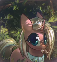 Size: 1200x1302 | Tagged: safe, artist:mirroredsea, derpibooru import, clear sky, pony, unicorn, common ground, ascot, biting, cute, cute sky, dappled sunlight, eye clipping through hair, female, forest, hair bite, leaf, looking at you, mane noms, mare, nibbling, nom, solo, tree