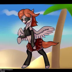 Size: 1000x1000 | Tagged: safe, artist:endelthepegasus, derpibooru import, oc, oc:flappy smile, unofficial characters only, pegasus, pony, belly button, clothes, eyes closed, female, mare, open mouth, palm tree, pleated skirt, sand, skirt, socks, solo, spread wings, sunglasses, thigh highs, top, tree, wings