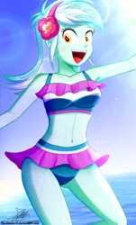 Size: 820x1360 | Tagged: safe, artist:the-butch-x, derpibooru import, part of a set, lyra heartstrings, equestria girls, equestria girls series, adorasexy, armpits, attached skirt, beach, beach babe, belly button, bikini, bikini babe, blue swimsuit, clothes, crepuscular rays, cute, female, frilled swimsuit, happy, headband, looking at you, lyrabetes, midriff, open mouth, pink swimsuit, sexy, signature, sitting, skirt, smiling, solo, striped swimsuit, swimsuit, tricolor swimsuit, underass