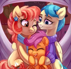 Size: 2088x2020 | Tagged: safe, artist:taneysha, derpibooru import, aunt holiday, auntie lofty, scootaloo, earth pony, pegasus, pony, the last crusade, clothes, cute, cutealoo, dawwww, eyes closed, family, female, flower, flower in hair, group hug, happy, hug, scarf, scootalove, smiling, sweater, trio