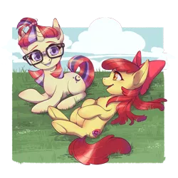 Size: 2337x2337 | Tagged: safe, artist:taytinabelle, derpibooru import, apple bloom, moondancer, earth pony, pony, unicorn, /mlp/, adorabloom, bow, chest fluff, cute, dancerbetes, fanfic art, female, glasses, hair bun, mane bow, mare, missing accessory, older, older apple bloom, pregnant, this will end in tears