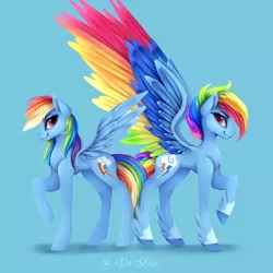 Size: 3000x3000 | Tagged: safe, artist:nutellaakanutella, derpibooru import, rainbow dash, pegasus, pony, leak, spoiler:g5, blue background, coat markings, colored wings, duality, female, g4 to g5, g5, leg fluff, mare, multicolored wings, profile, rainbow dash (g5), rainbow wings, raised hoof, simple background, spread wings, wings