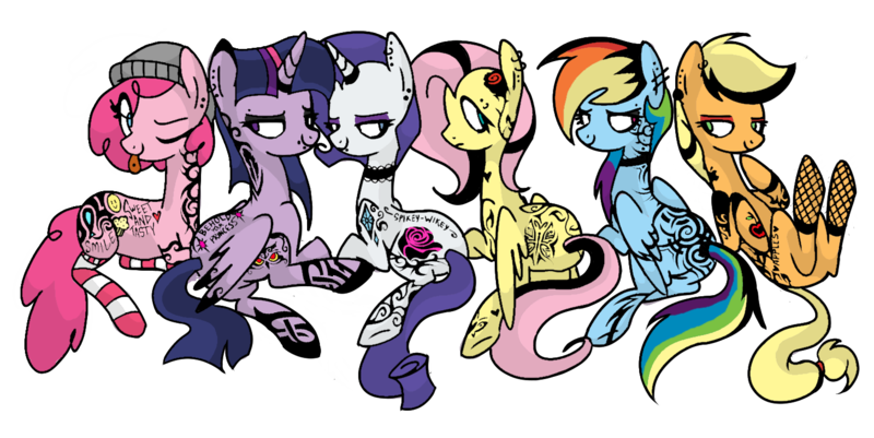 Size: 1500x751 | Tagged: safe, artist:anyazen, artist:icey-wicey-1517, color edit, derpibooru import, edit, applejack, fluttershy, pinkie pie, rainbow dash, rarity, twilight sparkle, twilight sparkle (alicorn), alicorn, earth pony, pegasus, pony, unicorn, :), alternate hairstyle, apple, beanie, bedroom eyes, butt, choker, clothes, collaboration, colored, dyed mane, ear piercing, earring, eye clipping through hair, eyebrow piercing, eyeshadow, female, fishnets, flower, food, goth, hair dye, hat, heart, horn, horn ring, implied shipping, implied sparity, implied spike, implied straight, jewelry, makeup, mane six, mare, missing cutie mark, piercing, plot, punk, ring, rose, simple background, snake bites, socks, striped socks, tattoo, tongue out, tongue piercing, transparent background, wall of tags