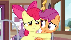Size: 1020x574 | Tagged: safe, derpibooru import, screencap, apple bloom, fuchsia frost, loganberry, scootaloo, earth pony, pegasus, pony, the last crusade, background pony, chair, female, filly, friendship student, holding on, hug, looking at someone, protecting, sad, unhappy