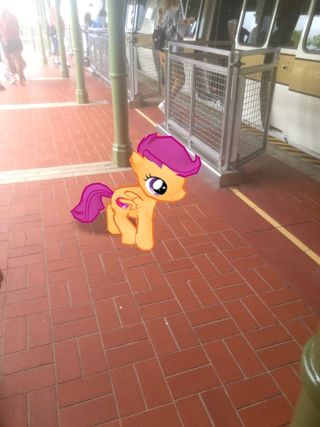 Size: 3024x4032 | Tagged: safe, derpibooru import, photographer:undeadponysoldier, scootaloo, human, pegasus, pony, cute, cutie mark, disney world, female, filly, florida, gate, irl, irl human, magic kingdom, monorail, orlando, photo, ponies in real life, station, the cmc's cutie marks, train station, vacation