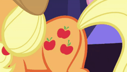 Size: 450x253 | Tagged: safe, deleted from derpibooru, derpibooru import, screencap, applejack, pinkie pie, earth pony, pony, shadow play, animated, applebutt, butt, butt touch, butthug, faceful of ass, gif, hug, pinkie hugging applejack's butt, plot