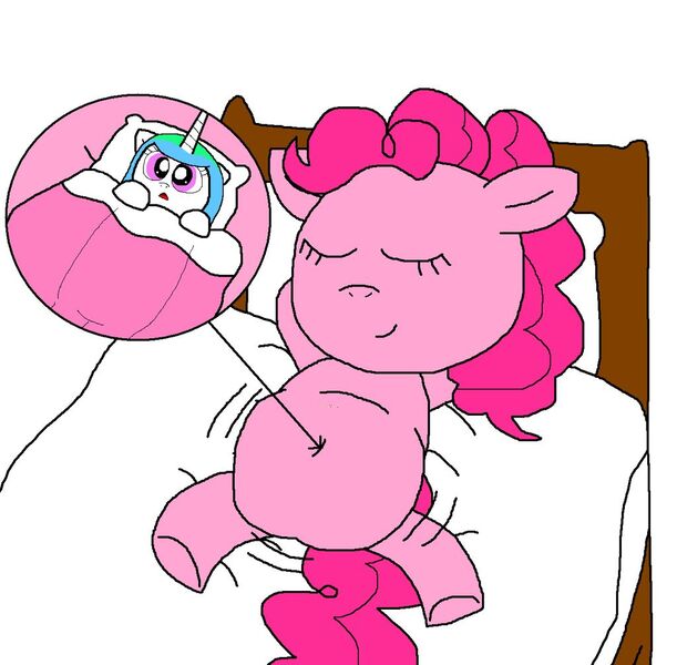 Size: 1024x1005 | Tagged: safe, artist:measffymon-sarah, derpibooru import, pinkie pie, princess celestia, alicorn, earth pony, pony, bed, eaten alive, eyes closed, fetish, macro/micro, micro, pillow, sleeping, story included, vore