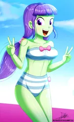 Size: 820x1360 | Tagged: safe, artist:the-butch-x, derpibooru import, starlight, equestria girls, bandeau, bikini, breasts, busty starlight, clothes, female, happy, high waisted bikini, midriff, open mouth, peace sign, sky, smiling, solo, swimsuit