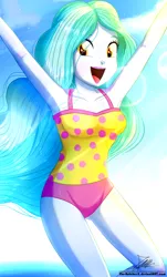 Size: 820x1360 | Tagged: safe, artist:the-butch-x, derpibooru import, part of a set, paisley, equestria girls, armpits, breasts, busty paisley, clothes, crepuscular rays, cute, female, happy, looking at you, one-piece swimsuit, open mouth, part of a series, sky, smiling, solo, swimsuit