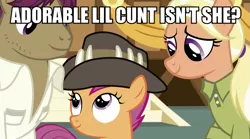 Size: 953x530 | Tagged: safe, derpibooru import, edit, edited screencap, screencap, mane allgood, scootaloo, snap shutter, earth pony, pegasus, pony, the last crusade, australian, bad language, caption, clothes, cunt, cussing, cutie mark, dialect, dialect barrier, family, female, filly, foal, hat, image macro, male, mare, shirt, stallion, swearing, text, the cmc's cutie marks, trio, vulgar