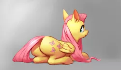 Size: 2297x1333 | Tagged: artist needed, source needed, safe, derpibooru import, fluttershy, pegasus, pony, butt, cute, ear fluff, female, flutterbutt, gray background, looking at you, looking back, looking back at you, mare, plot, rear view, shyabetes, simple background, solo, wings