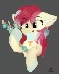Size: 4000x5000 | Tagged: safe, artist:lunar froxy, derpibooru import, roseluck, earth pony, pony, student counsel, cheek fluff, chest fluff, cute, cuteluck, ear fluff, eye clipping through hair, female, flower, fluffy, glue, mare, mouth hold, scene interpretation, silly, silly pony, simple background, smiling, solo, stick