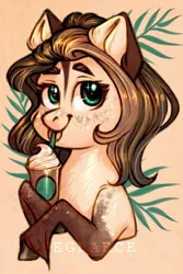 Size: 1280x1912 | Tagged: safe, artist:segraece, derpibooru import, oc, oc:coffin tree, unofficial characters only, pony, abstract background, coffee, commission, cute, drink, female, frappuccino, looking at you, mare, ocbetes, solo, starbucks, tongue out