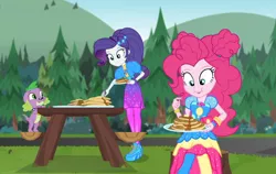 Size: 1704x1080 | Tagged: safe, derpibooru import, screencap, pinkie pie, rarity, spike, spike the regular dog, dog, equestria girls, equestria girls series, wake up!, spoiler:choose your own ending (season 2), spoiler:eqg series (season 2), breakfast, butter, clothes, cropped, cute, diapinkes, female, food, geode of shielding, geode of sugar bombs, high heels, magical geodes, male, mountain, mountain range, outdoors, pancakes, pantyhose, picnic table, shoes, syrup, table, wake up!: applejack