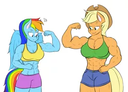 Size: 2009x1453 | Tagged: 1000 years in photoshop, abs, anthro, applejack, applejacked, artist:calm wind, artist:matchstickman, biceps, breasts, busty applejack, busty rainbow dash, cleavage, clothes, comparison, competition, derpibooru import, edit, flexing, gunshow, midriff, muscles, rainbow dash, rainbuff dash, safe, size difference, sports bra