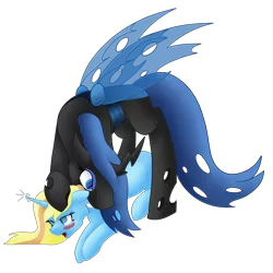 Size: 2000x2000 | Tagged: suggestive, artist:sevenserenity, derpibooru import, changeling queen oc, oc, oc:queen lahmia, oc:skydreams, unofficial characters only, changeling, changeling queen, pony, unicorn, biting, blood, blue, blue changeling, blushing, changeling domination, changeling oc, fangs, female, lying down, nonconsensual, simple background, standing, transparent background