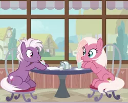 Size: 1228x990 | Tagged: safe, composite screencap, derpibooru import, edit, edited screencap, screencap, fuchsia frost, loganberry, earth pony, pony, the last crusade, animation error, drinking, eye contact, female, friendship student, looking at each other, male, mare, milkshake, ponies sitting next to each other, restaurant, sitting, stallion, stool, table