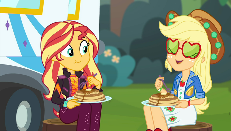 Size: 1906x1080 | Tagged: safe, derpibooru import, edit, edited screencap, screencap, applejack, sunset shimmer, equestria girls, equestria girls series, wake up!, spoiler:choose your own ending (season 2), spoiler:eqg series (season 2), applejack's festival hat, applejack's sunglasses, breakfast, butter, cowboy hat, cropped, cute, eating, food, fork, hat, outdoors, pancakes, plate, rv, shimmerbetes, sunglasses, syrup, tree stump, wake up!: applejack