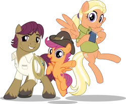 Size: 5501x4541 | Tagged: safe, artist:jhayarr23, derpibooru import, mane allgood, scootaloo, snap shutter, pegasus, pony, the last crusade, cute, cutealoo, family, female, filly, hat, looking at you, male, mare, scootaloo's parents, simple background, smiling, spread wings, stallion, transparent background, vector, wings