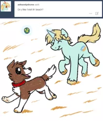 Size: 600x708 | Tagged: safe, artist:askwinonadog, derpibooru import, winona, oc, oc:sandy shores, dog, unicorn, ask winona, ask, ball, duo, eyes closed, levitation, magic, male, open mouth, playing, stallion, telekinesis, tumblr, unshorn fetlocks