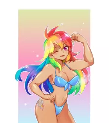 Size: 1248x1403 | Tagged: suggestive, artist:bunnyhana, derpibooru import, rainbow dash, human, anime, belly button, bicep, bikini, breasts, busty rainbow dash, clothes, cute, cutie mark on human, dashabetes, female, fit, flexing, humanized, muscles, one eye closed, patreon, patreon reward, rainbuff dash, solo, swimsuit, wink