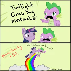 Size: 679x675 | Tagged: safe, artist:tsubukisan, derpibooru import, spike, twilight sparkle, dragon, pony, unicorn, artifact, comic, duo, facial hair, grab my meme, masculine, meme, moustache, number 25, rainbow, unicorn twilight