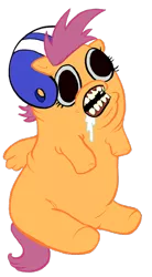 Size: 336x610 | Tagged: safe, artist:curtsibling, derpibooru import, scootaloo, pegasus, pony, abomination, cropped, drool, female, filly, helmet, open mouth, simple background, solo, style emulation, transparent background, wat, what has science done