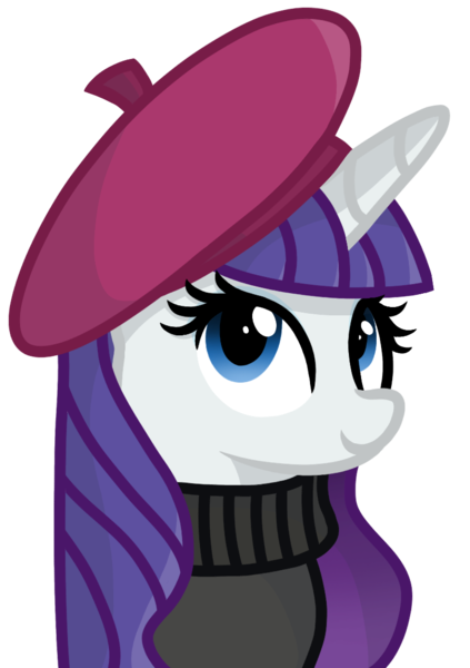 Size: 799x1133 | Tagged: safe, artist:rainbow eevee, derpibooru import, rarity, pony, unicorn, sweet and elite, beatnik rarity, beret, bust, clothes, cute, female, french, french rarity, hat, portrait, raribetes, simple background, smiling, solo, sweater, transparent background